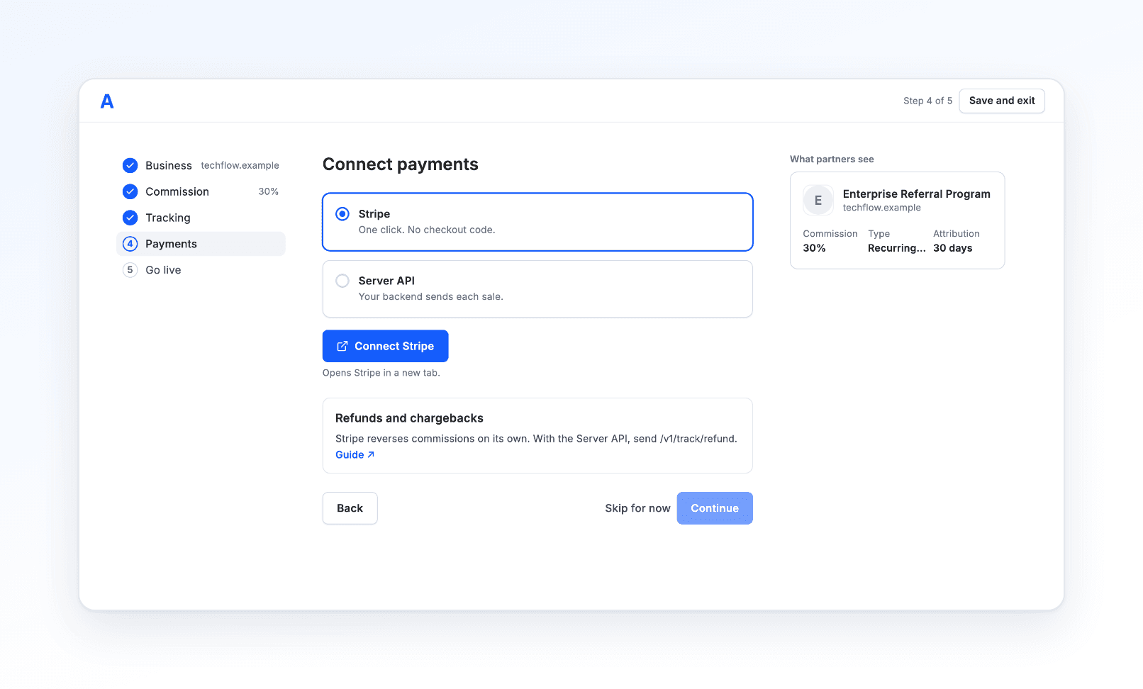 Setup step 4 of 5, Connect payments: choose Stripe (one click, no checkout code) or the Server API, then connect; a note explains how refunds and chargebacks reverse commissions